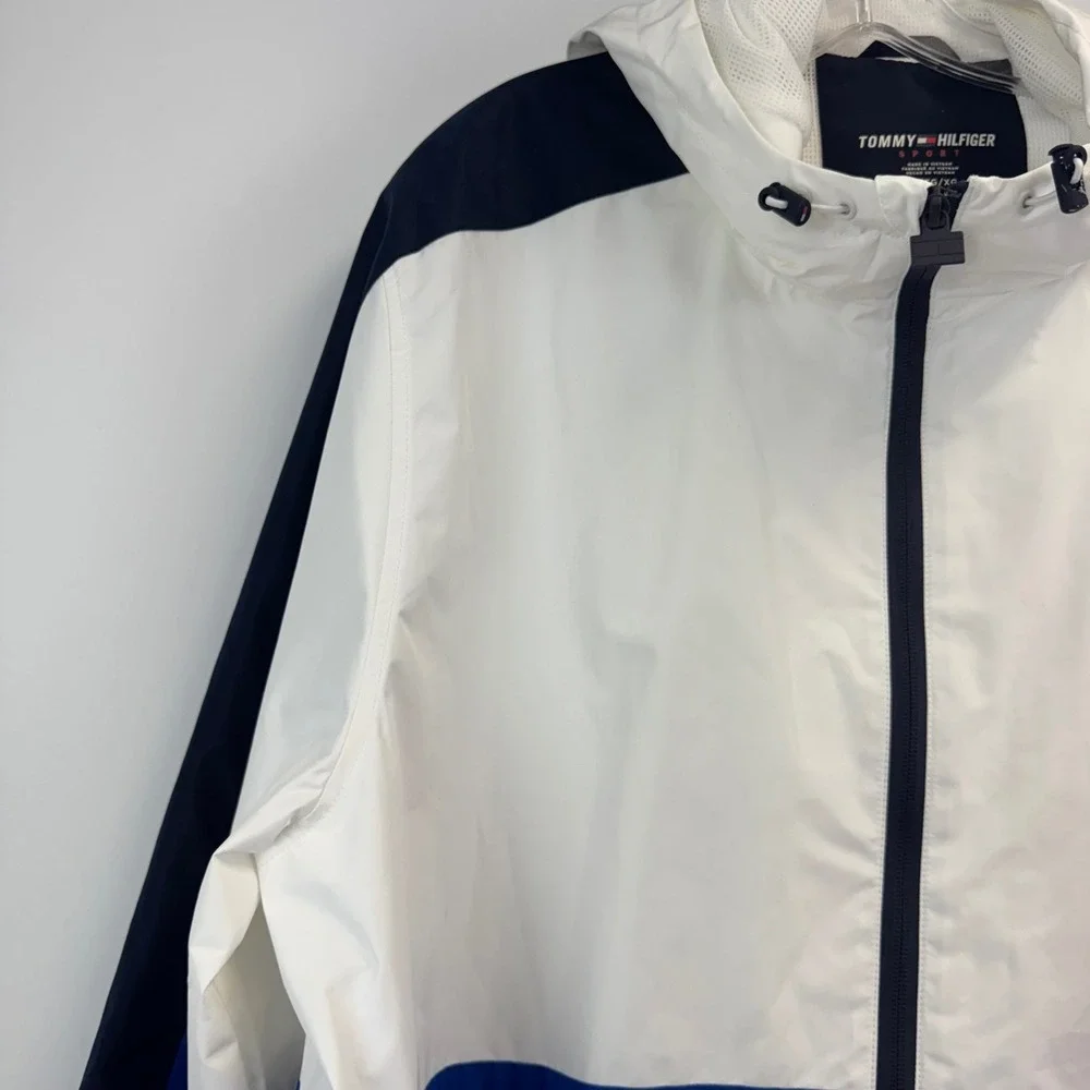 Tommy Hilfiger Sport Mens XL Colorblock Hooded Windbreaker Jacket Red White Blue